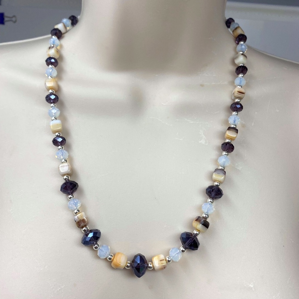 Handmade Beaded Necklace Peach Purple Cloudy Clear Glass Beads Silver Tone